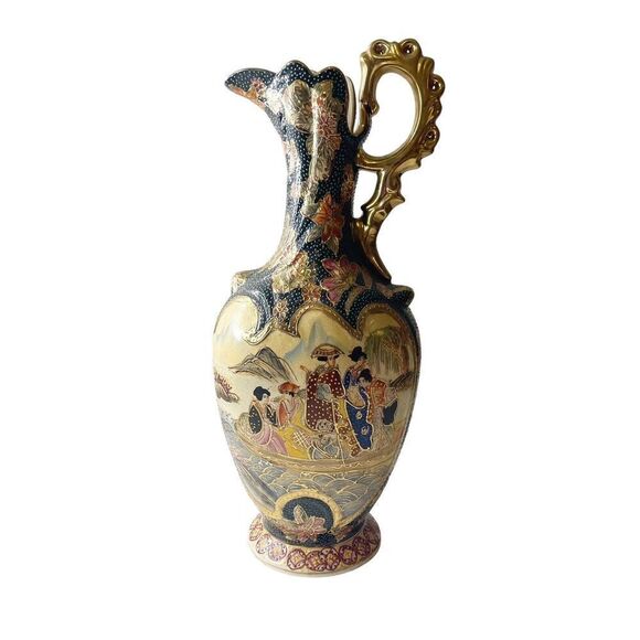 Vintage Satsuma Vase Pitcher Gold Handle 20th Century Chinoiserie Hand Painted